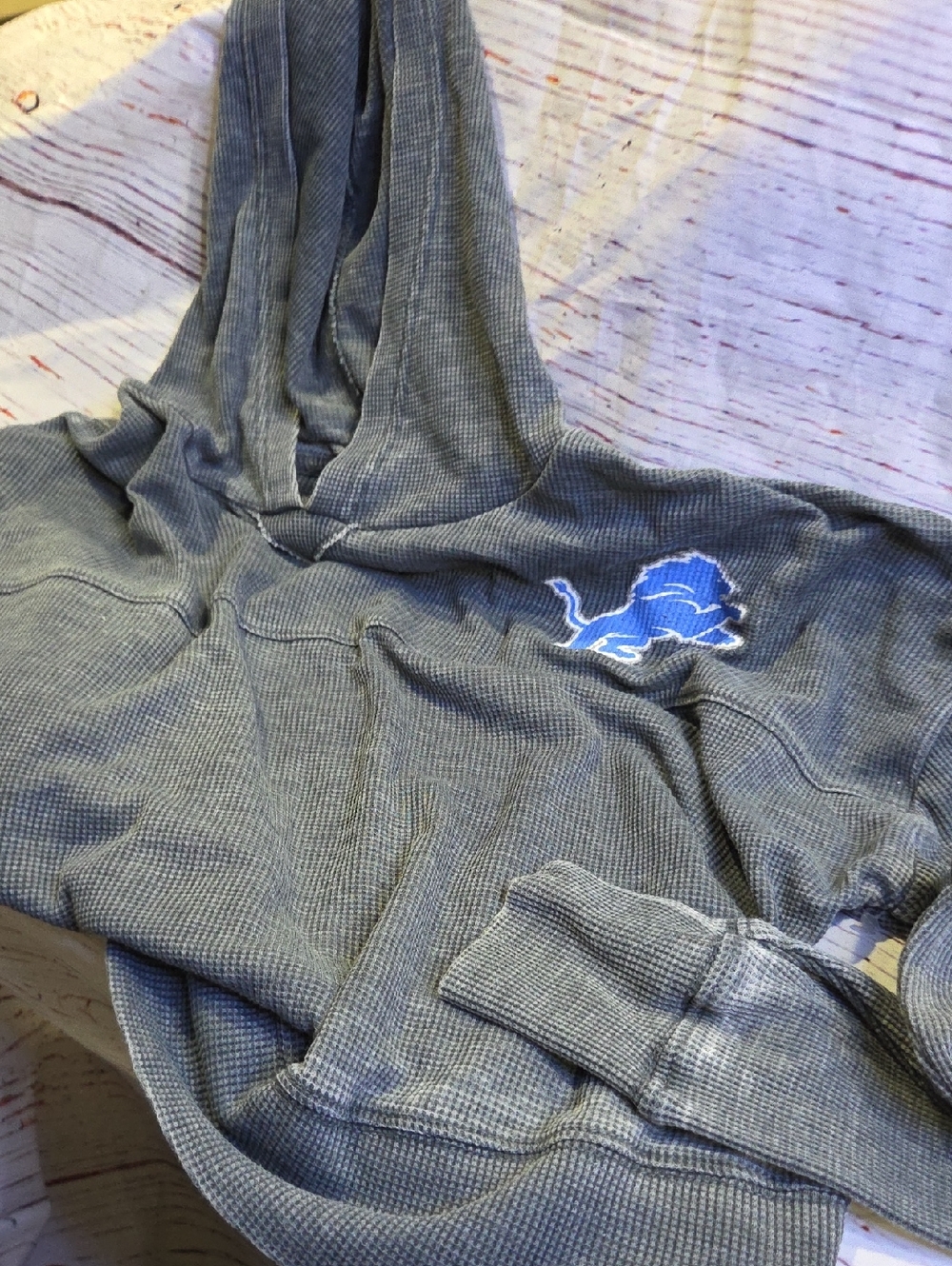 Lions Crop Gray Waffle Knit Hoodie with Blue Lion Logo